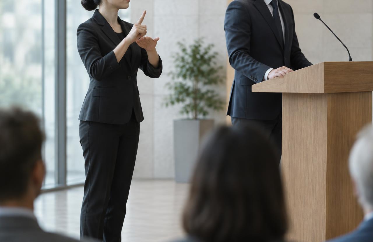 Illustration of a sign language interpreter at a public event