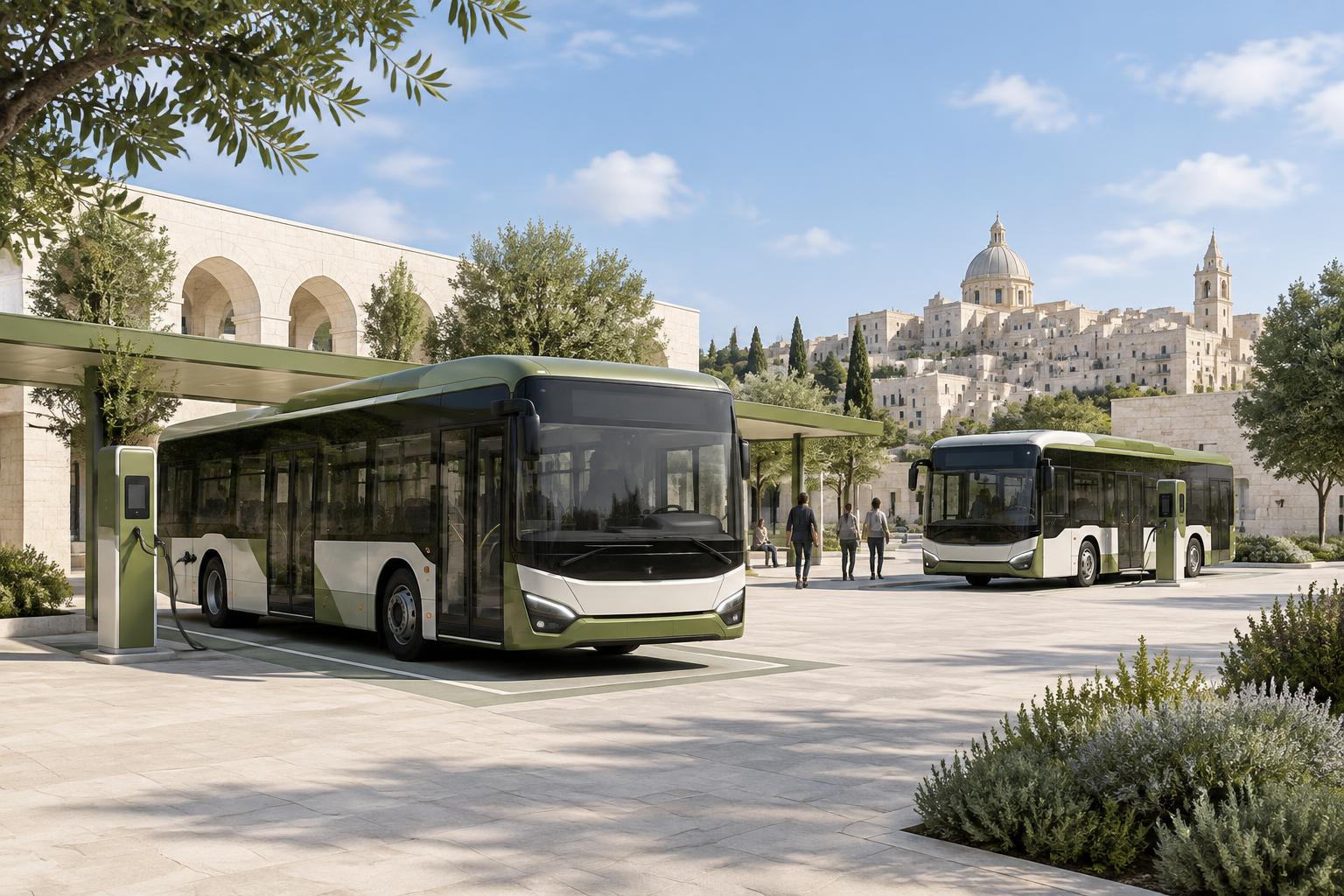 Illustration of electric buses at a charging point