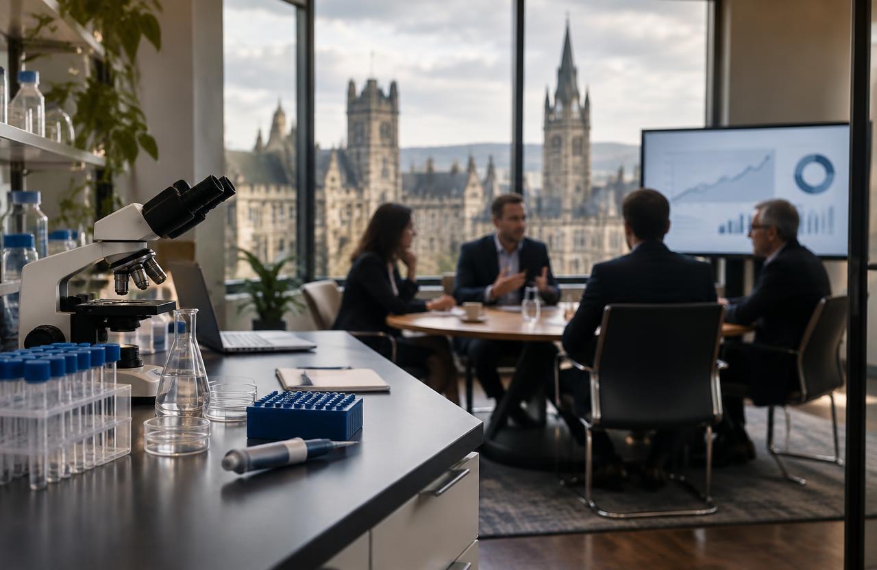 Illustration of a research lab and investment meeting