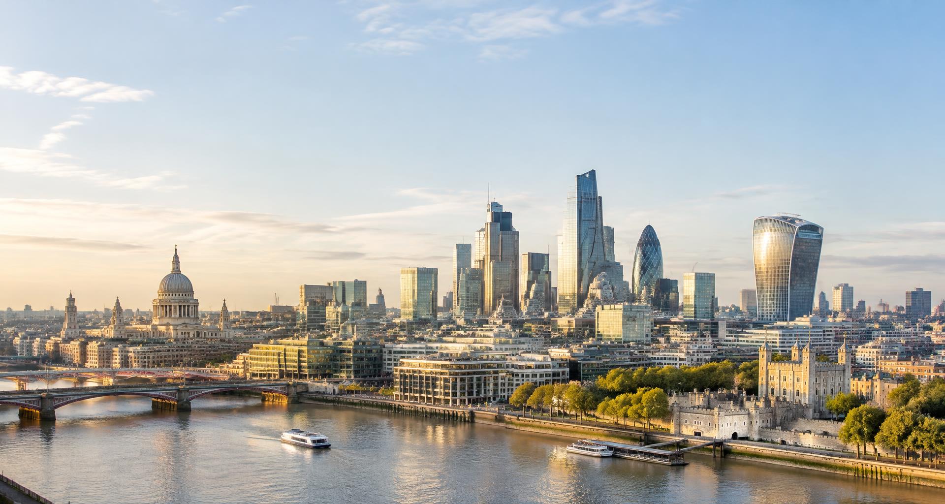 A panoramic view of London's historic architecture and modern skyline beside the Thames